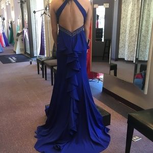 Blue Prom Dress with Leg Slit and Long Train